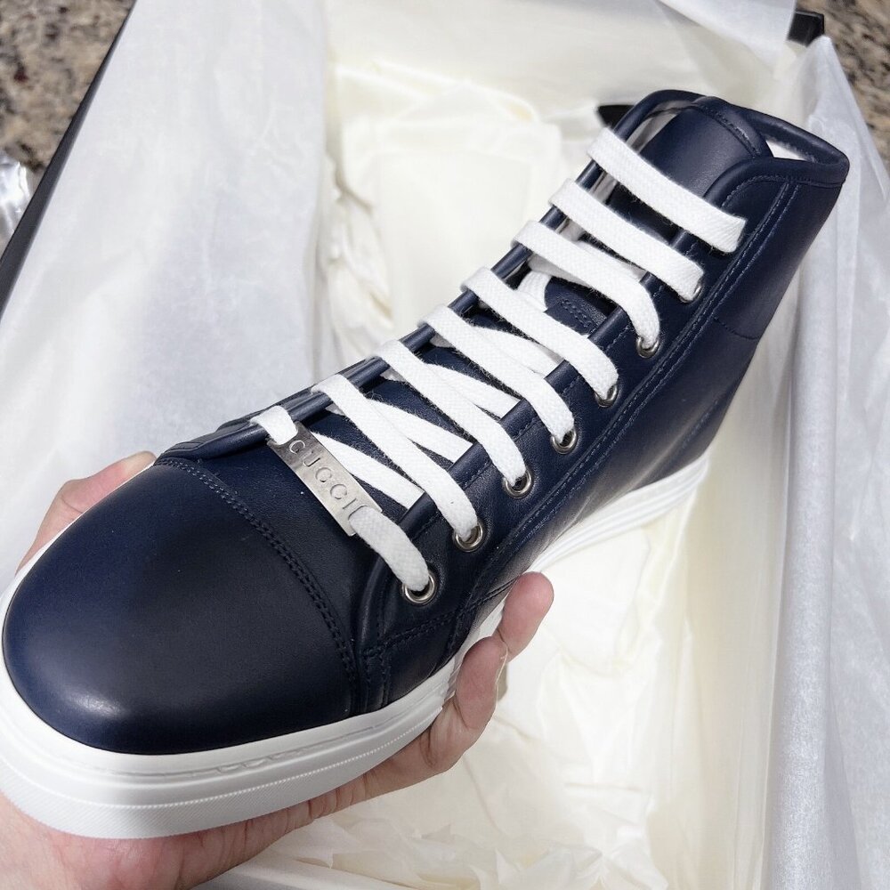 GUCCI Luxus Shoes High Top Sneaker logo Blue Leather Mens UK 8 US 8.5 *Authentic - Picture 8 of 13